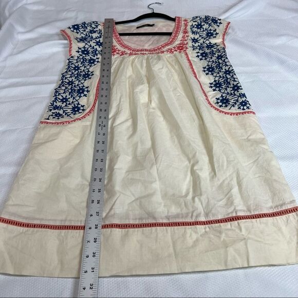 Theme Cream Blue Red Embroidered Smock 100% Cotton Tunic Top with Pockets - Picture 2 of 7